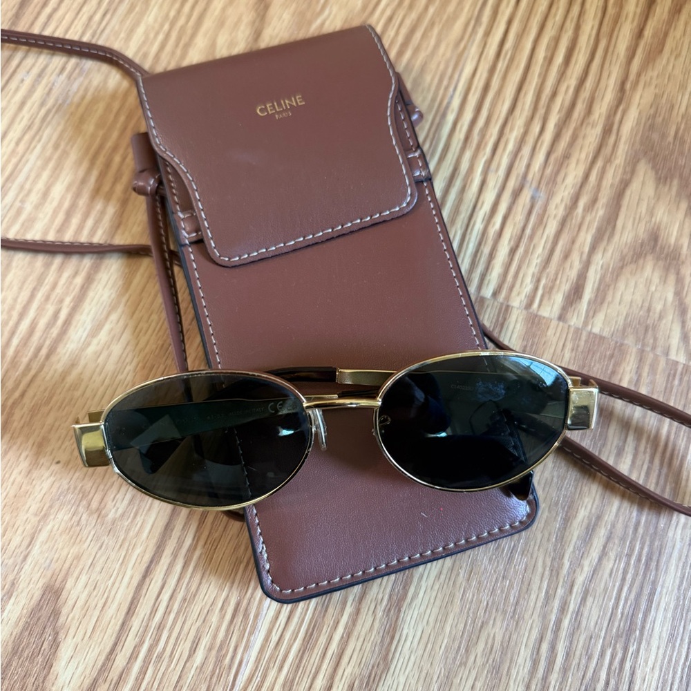 Authentic Celine Gold and Black Oval Sunglasses with Signature Temple Detail